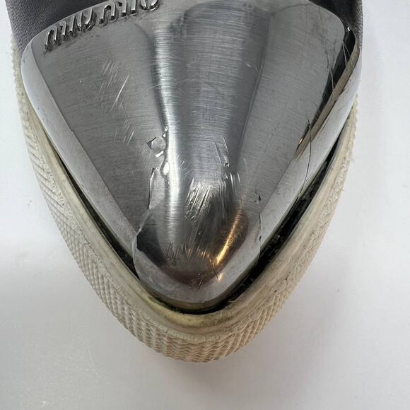 Miu Miu Loafers Women's 38.5 Black Leather Silver Toe Cap Slip On Luxury Shoes - Picture 12 of 16